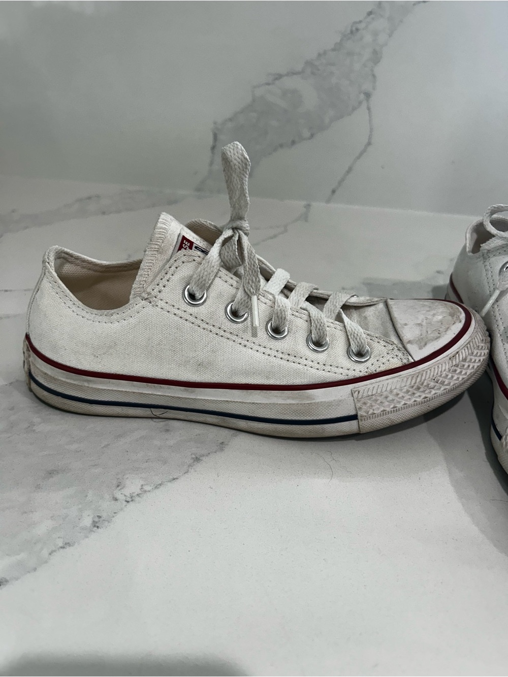 Converse Low-Top Canvas Sneakers in White with Red & Blue Stripes